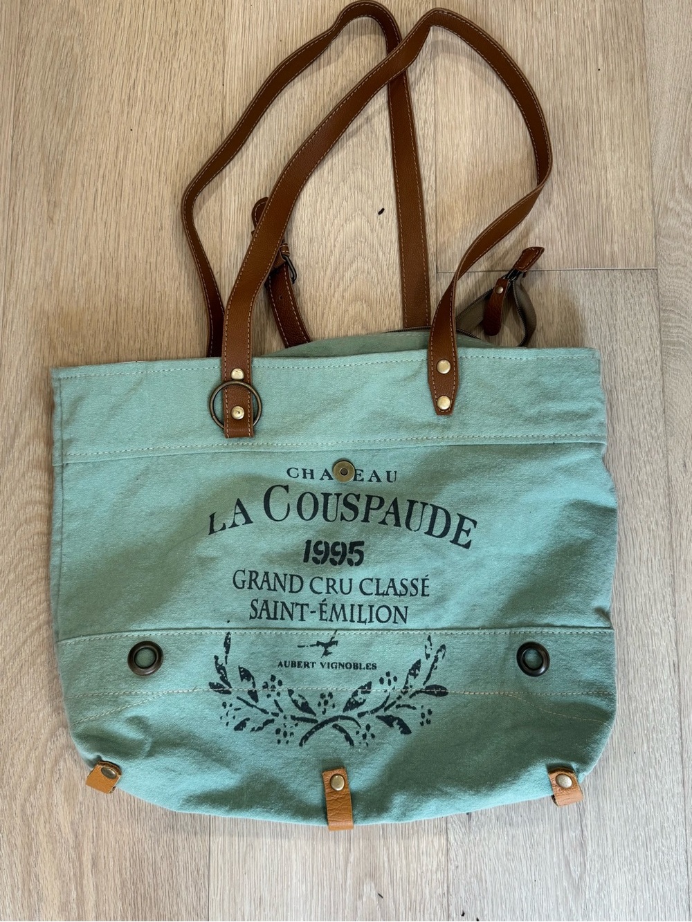 La Couspaude 1995 Canvas Tote Bag in Sage with Brown Straps